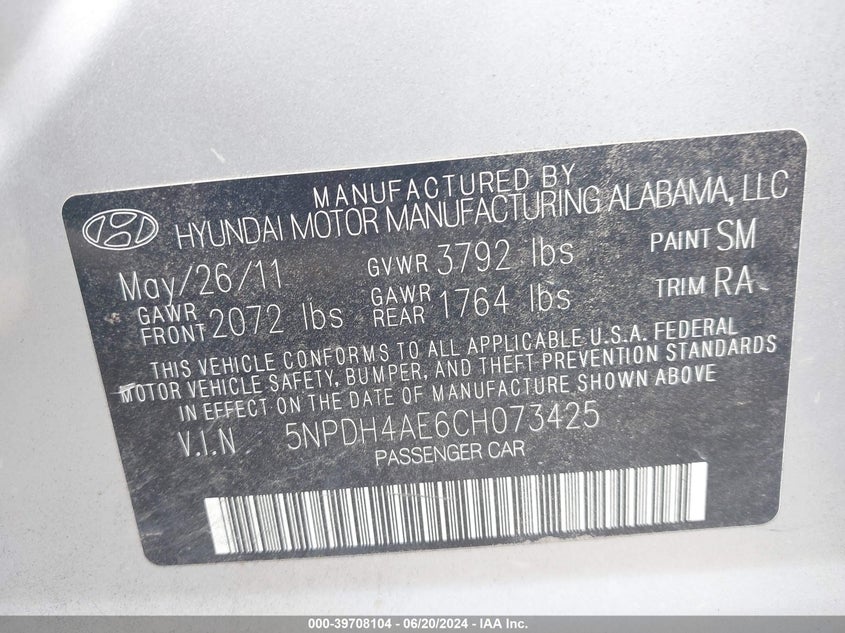 2012 Hyundai Elantra Gls VIN: 5NPDH4AE6CH073425 Lot: 39708104