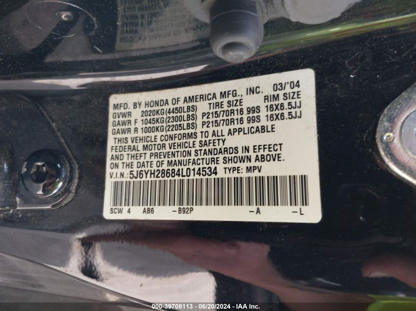 2004 Honda Element Ex VIN: 5J6YH28684L014534 Lot: 39708113