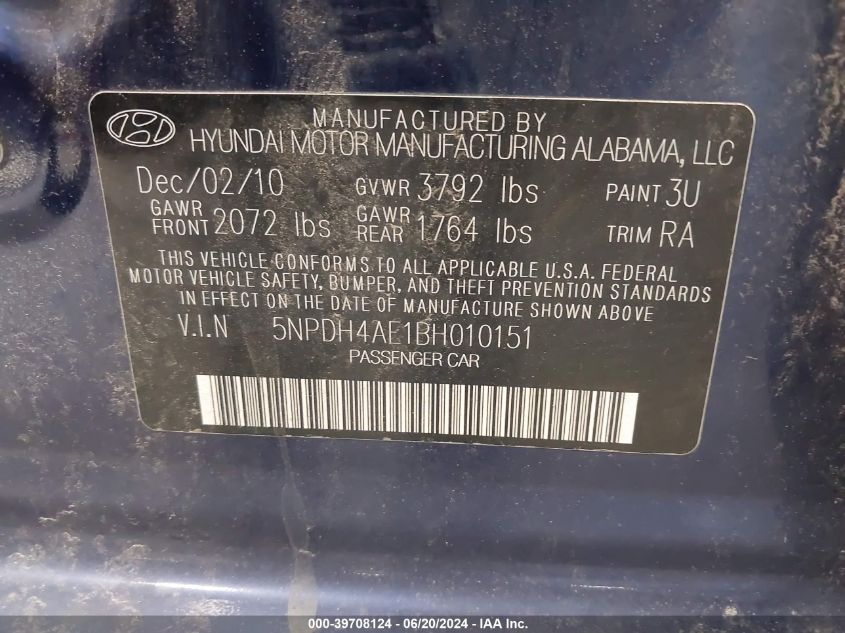 5NPDH4AE1BH010151 2011 Hyundai Elantra Gls