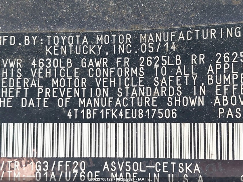 2014 Toyota Camry Se VIN: 4T1BF1FK4EU817506 Lot: 39708127