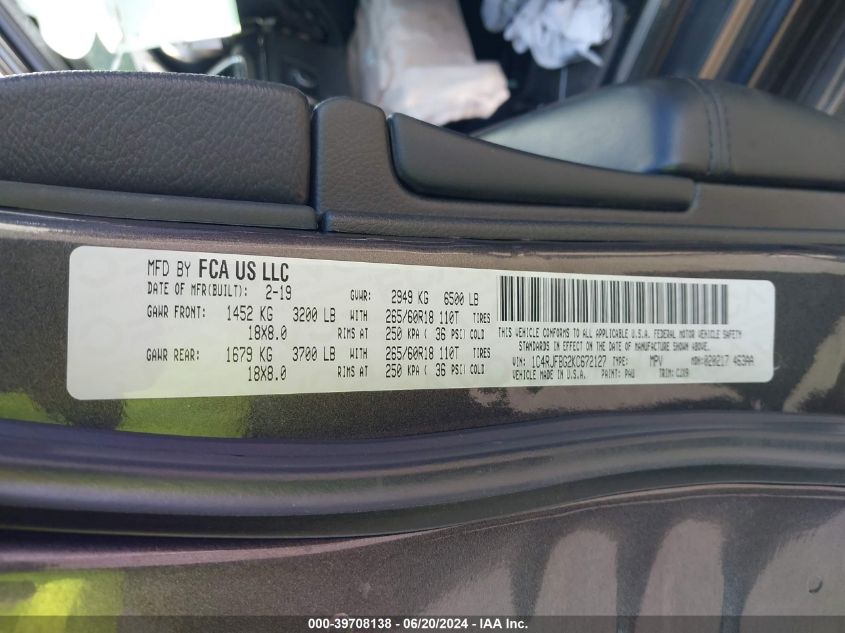 2019 Jeep Grand Cherokee Limited 4X4 VIN: 1C4RJFBG2KC672127 Lot: 39708138