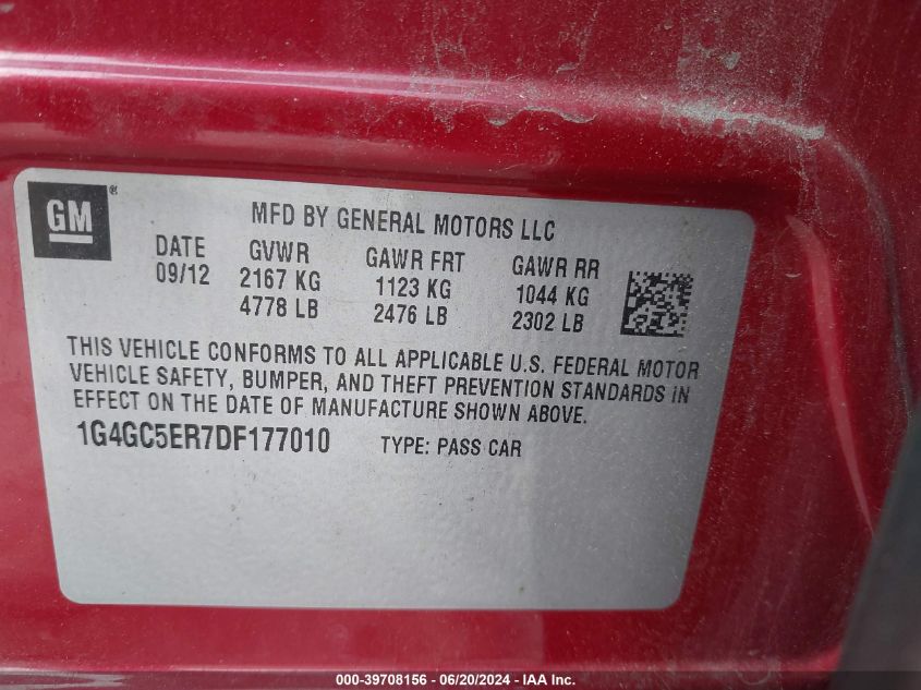 2013 Buick Lacrosse Leather Group VIN: 1G4GC5ER7DF177010 Lot: 39708156