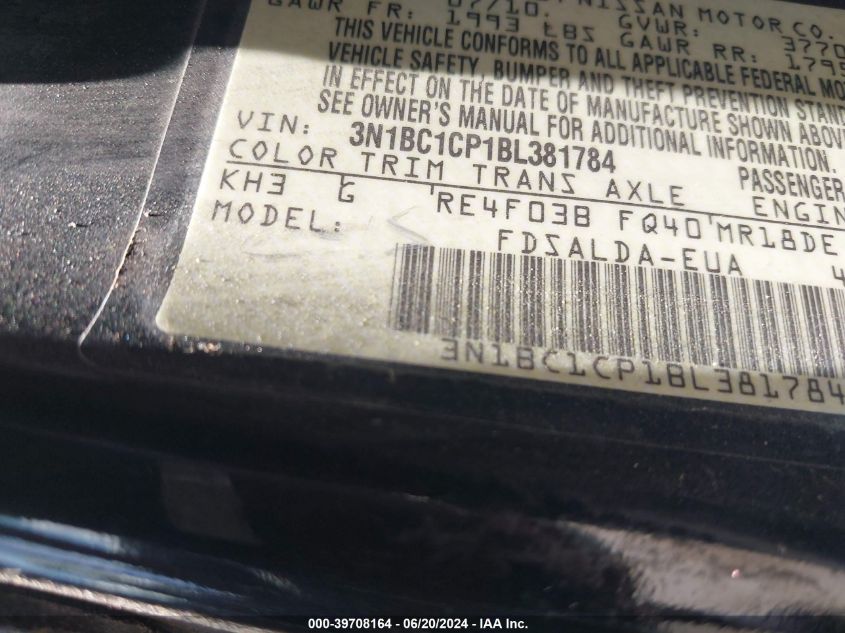 2011 Nissan Versa 1.8S VIN: 3N1BC1CP1BL381784 Lot: 39708164