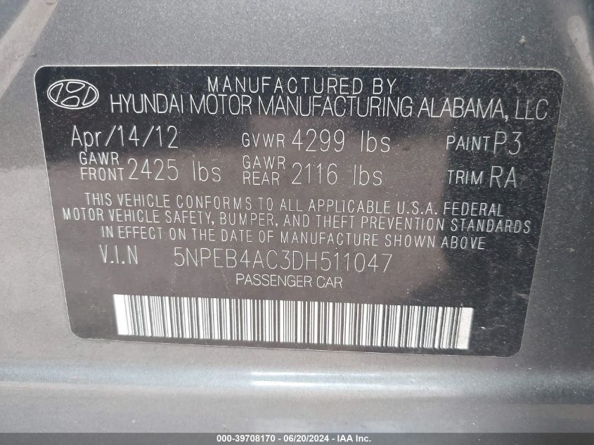 2013 Hyundai Sonata Gls VIN: 5NPEB4AC3DH511047 Lot: 39708170
