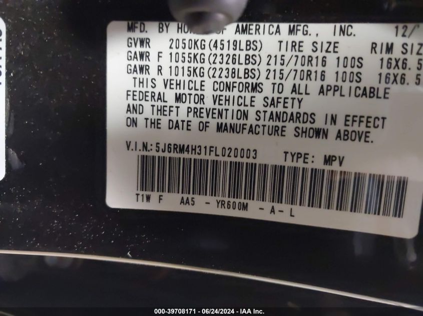 2015 Honda Cr-V Lx VIN: 5J6RM4H31FL020003 Lot: 39708171