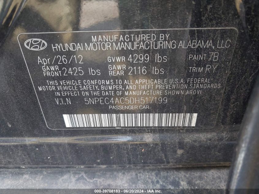 2013 Hyundai Sonata Se VIN: 5NPEC4AC5DH517199 Lot: 39708183