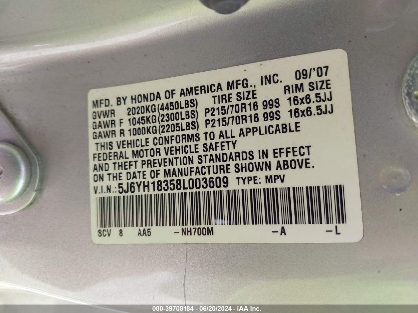 2008 Honda Element Lx VIN: 5J6YH18358L003609 Lot: 39708184