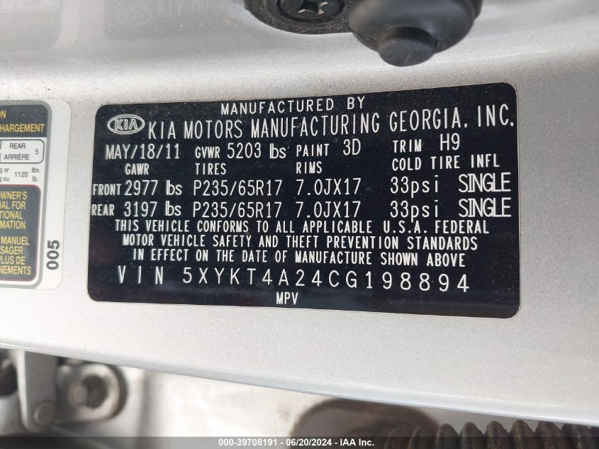 2012 Kia Sorento Lx VIN: 5XYKT4A24CG198894 Lot: 39708191