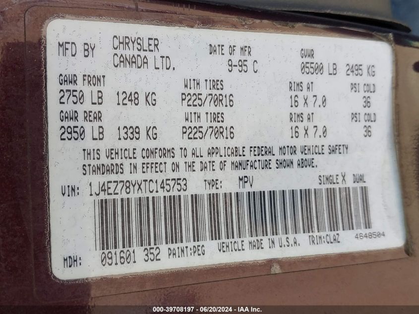 1996 Jeep Grand Cherokee Limited VIN: 1J4EZ78YXTC145753 Lot: 39708197