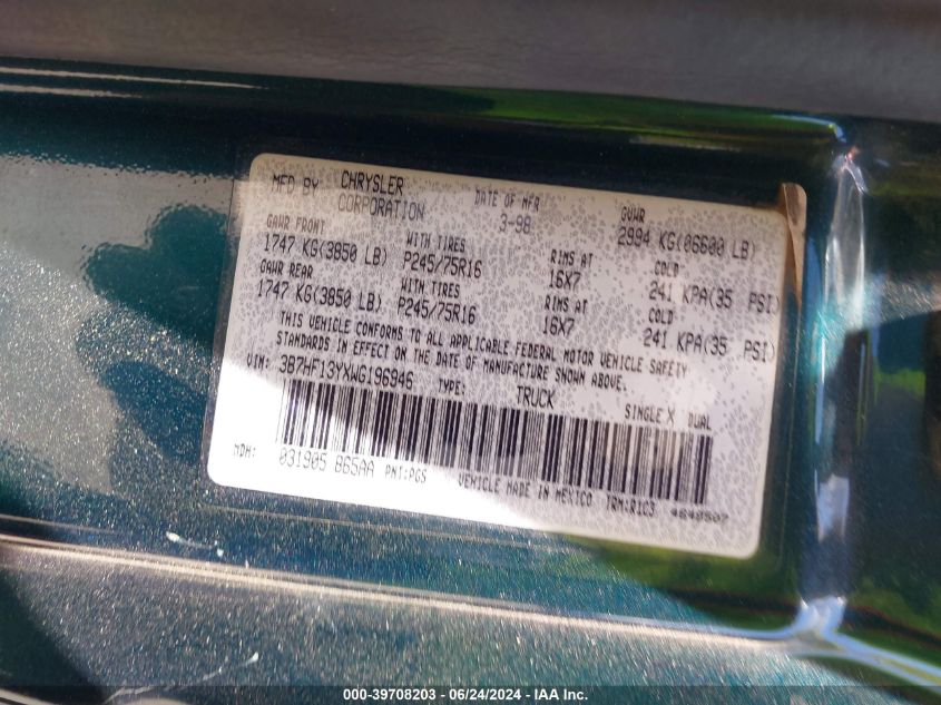 1998 Dodge Ram 1500 St VIN: 3B7HF13YXWG196946 Lot: 39708203