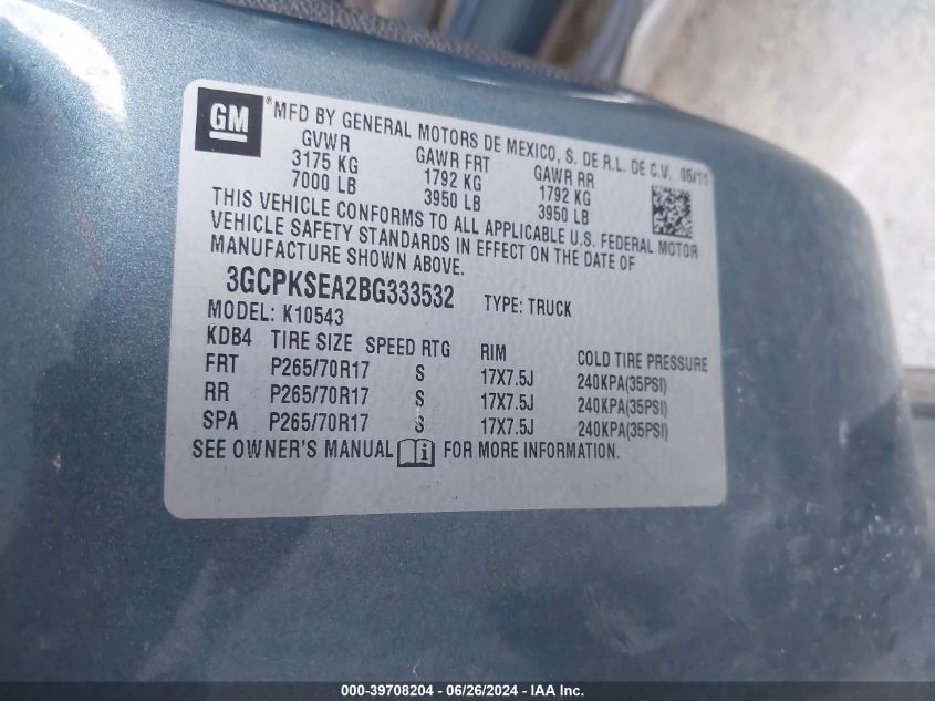 2011 Chevrolet Silverado 1500 Lt VIN: 3GCPKSEA2BG333532 Lot: 39708204