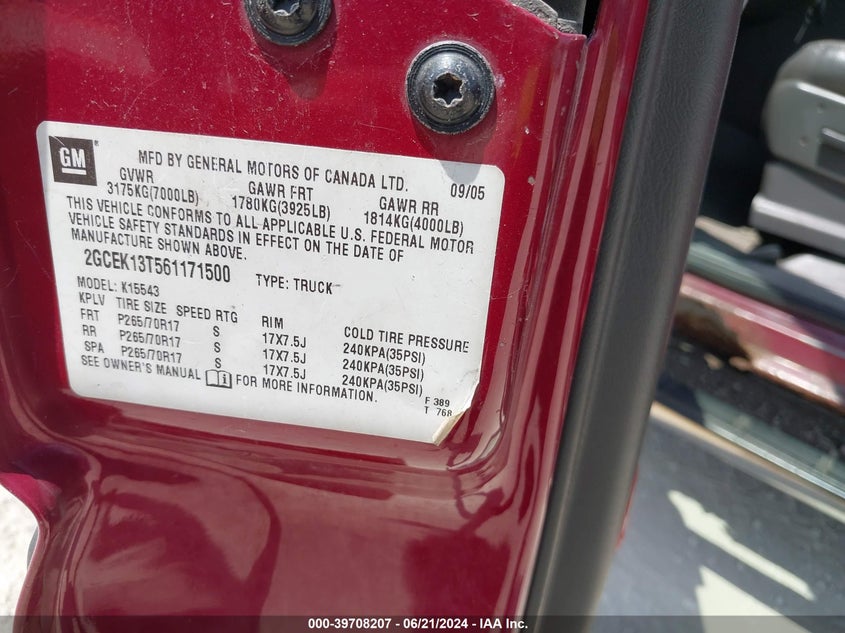 2006 Chevrolet Silverado 1500 Lt3 VIN: 2GCEK13T561171500 Lot: 39708207