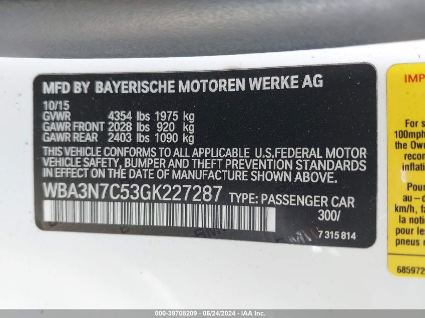 2016 BMW 428I VIN: WBA3N7C53GK227287 Lot: 39708209