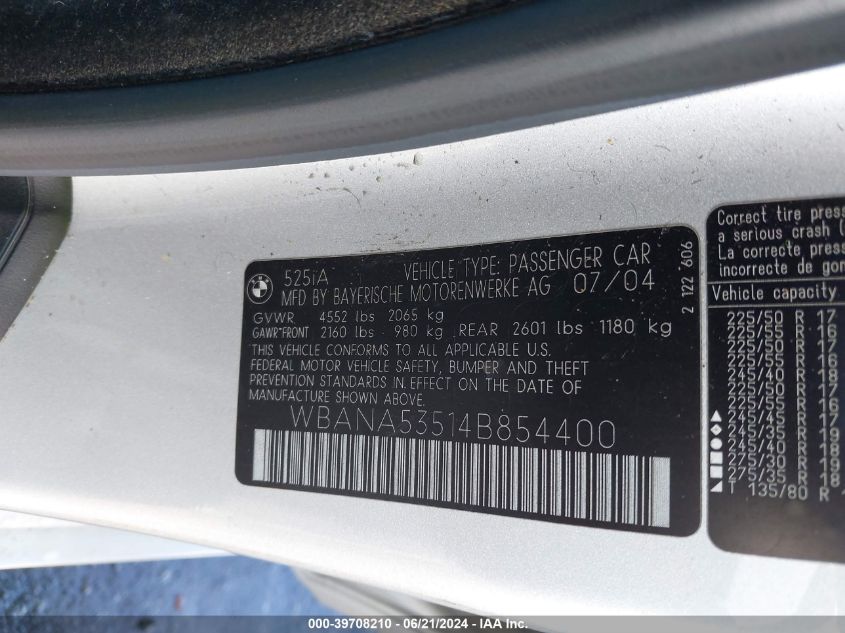 2004 BMW 525I VIN: WBANA53514B854400 Lot: 39708210