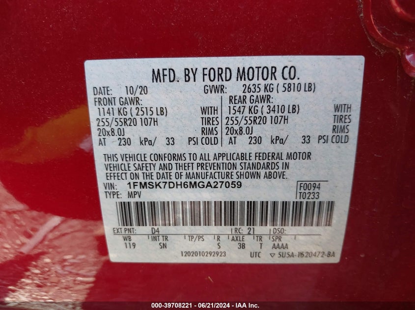 2021 FORD EXPLORER 2.3L I-4 DI, DOHC, V(VIN: 1FMSK7DH6MGA27059