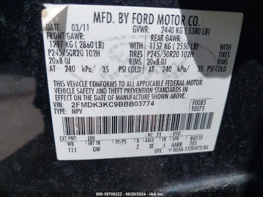 2011 Ford Edge Limited VIN: 2FMDK3KC9BBB03774 Lot: 39708222
