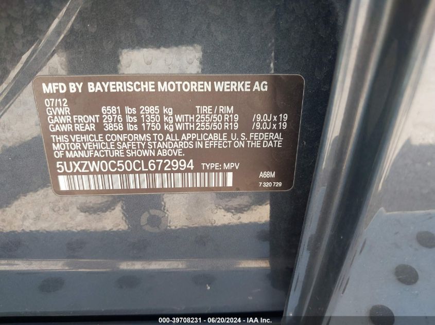 2012 BMW X5 xDrive35D VIN: 5UXZW0C50CL672994 Lot: 39708231