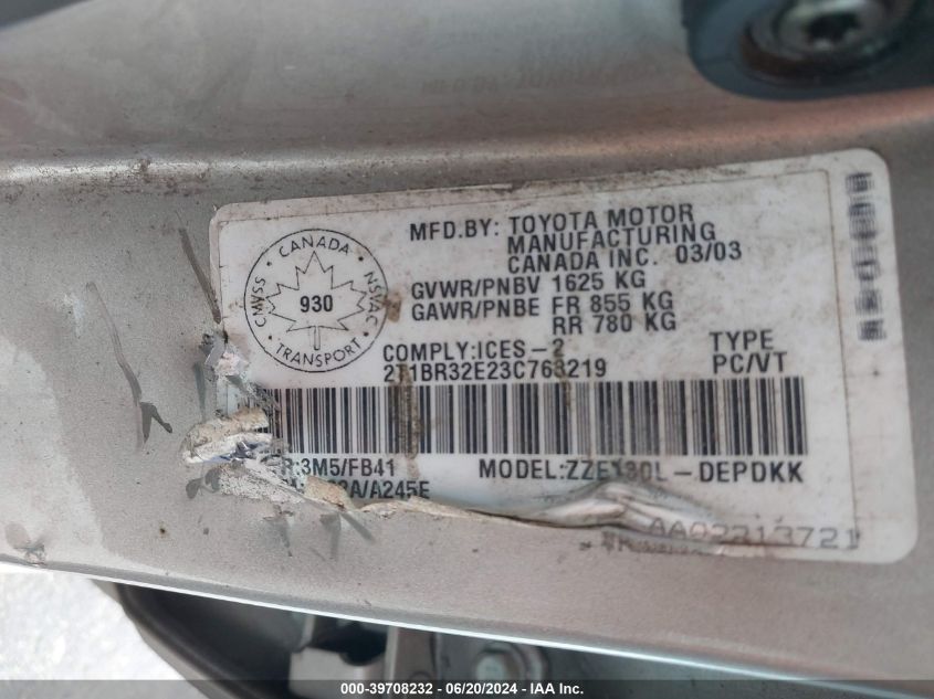 2003 Toyota Corolla Ce/Le/S VIN: 2T1BR32E23C763219 Lot: 39708232