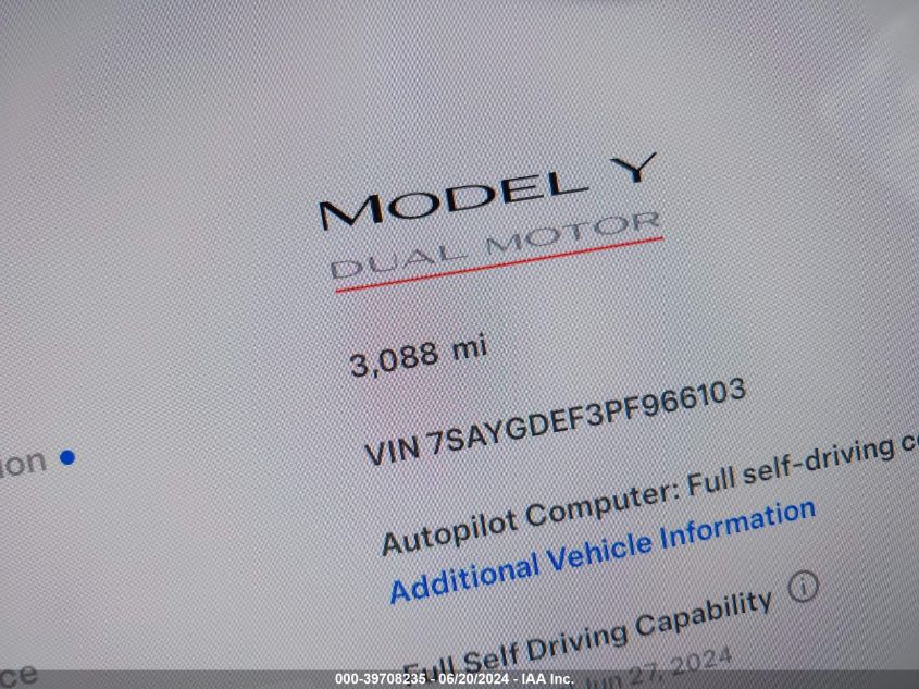 2023 Tesla Model Y Awd/Performance Dual Motor All-Wheel Drive VIN: 7SAYGDEF3PF966103 Lot: 39708235