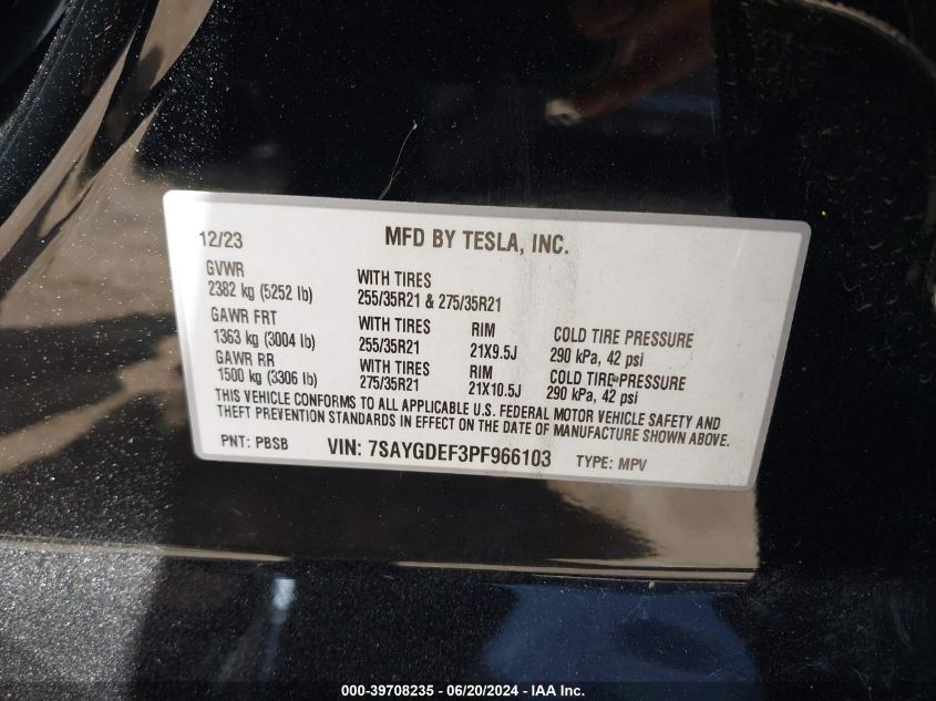 2023 Tesla Model Y Awd/Performance Dual Motor All-Wheel Drive VIN: 7SAYGDEF3PF966103 Lot: 39708235