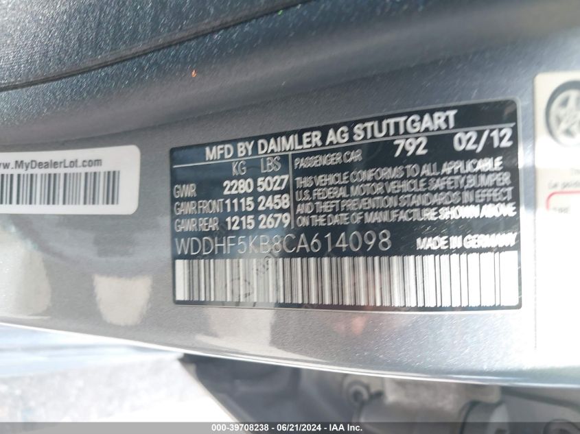 2012 Mercedes-Benz E 350 VIN: WDDHF5KB8CA614098 Lot: 39708238