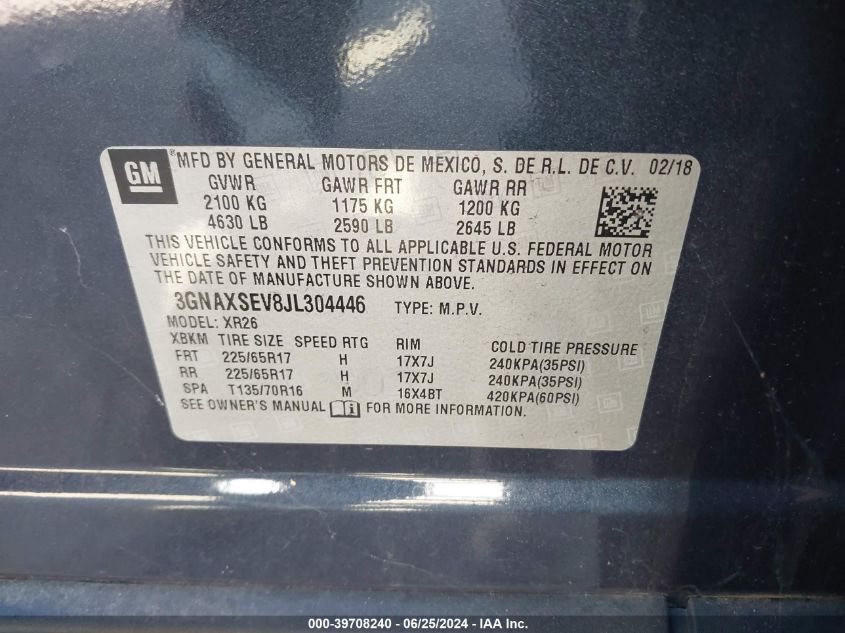 2018 Chevrolet Equinox Lt VIN: 3GNAXSEV8JL304446 Lot: 39708240