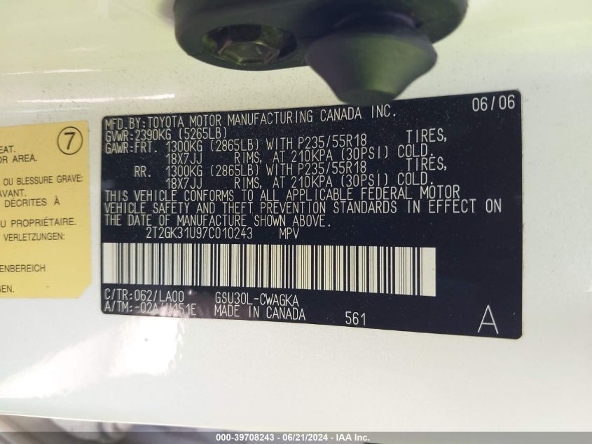 2007 Lexus Rx 350 VIN: 2T2GK31U97C010243 Lot: 39708243