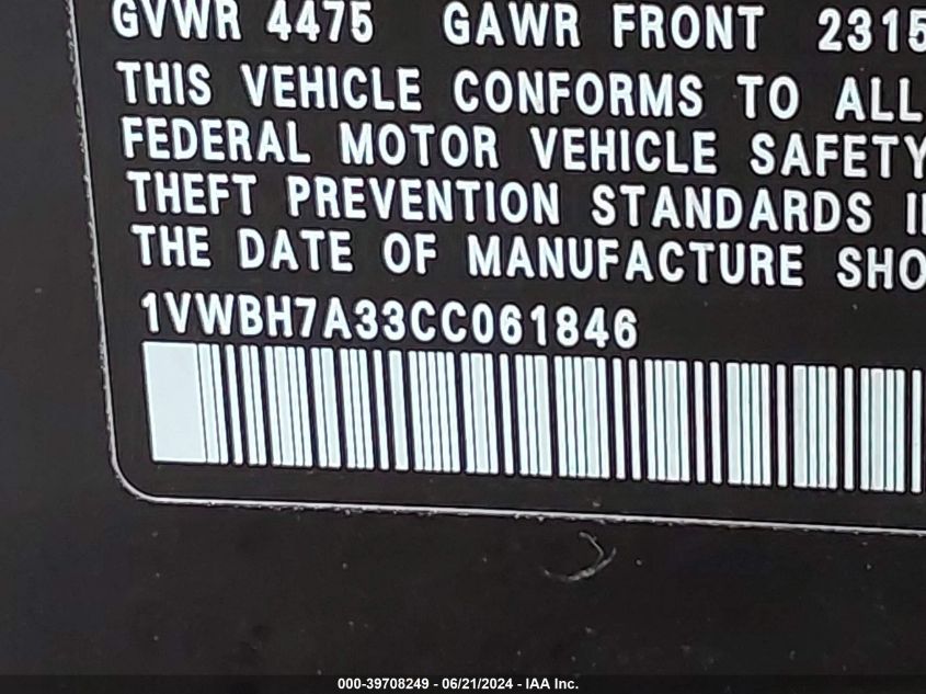 2012 Volkswagen Passat Se VIN: 1VWBH7A33CC061846 Lot: 39708249