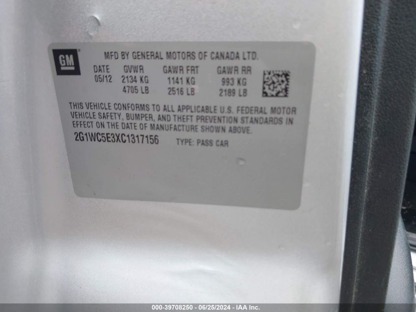 2012 Chevrolet Impala Ltz VIN: 2G1WC5E3XC1317156 Lot: 39708250