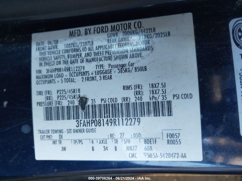 2009 Ford Fusion Sel VIN: 3FAHP08149R112279 Lot: 39708264