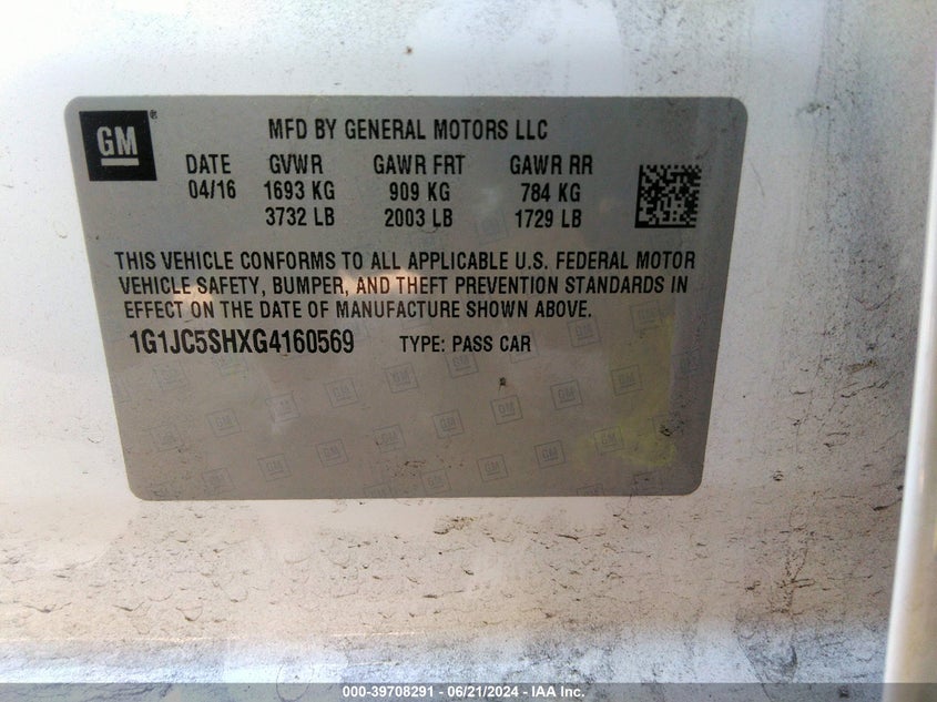 2016 Chevrolet Sonic Lt VIN: 1G1JC5SHXG4160569 Lot: 39708291