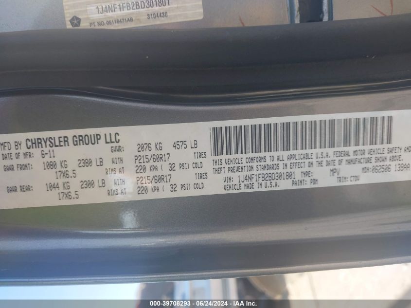 2011 Jeep Compass VIN: 1J4NF1FB2BD301801 Lot: 39708293