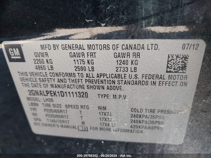 2GNALPEK1D1111320 2013 Chevrolet Equinox Lt