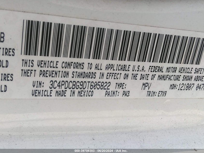 2013 Dodge Journey Sxt VIN: 3C4PDCBG9DT605822 Lot: 39708303