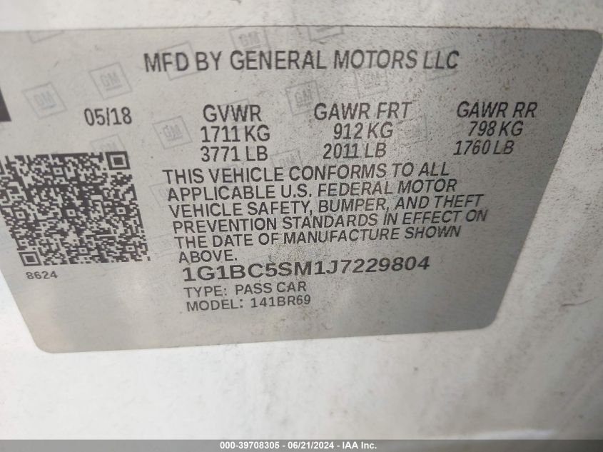 2018 Chevrolet Cruze Ls Auto VIN: 1G1BC5SM1J7229804 Lot: 39708305