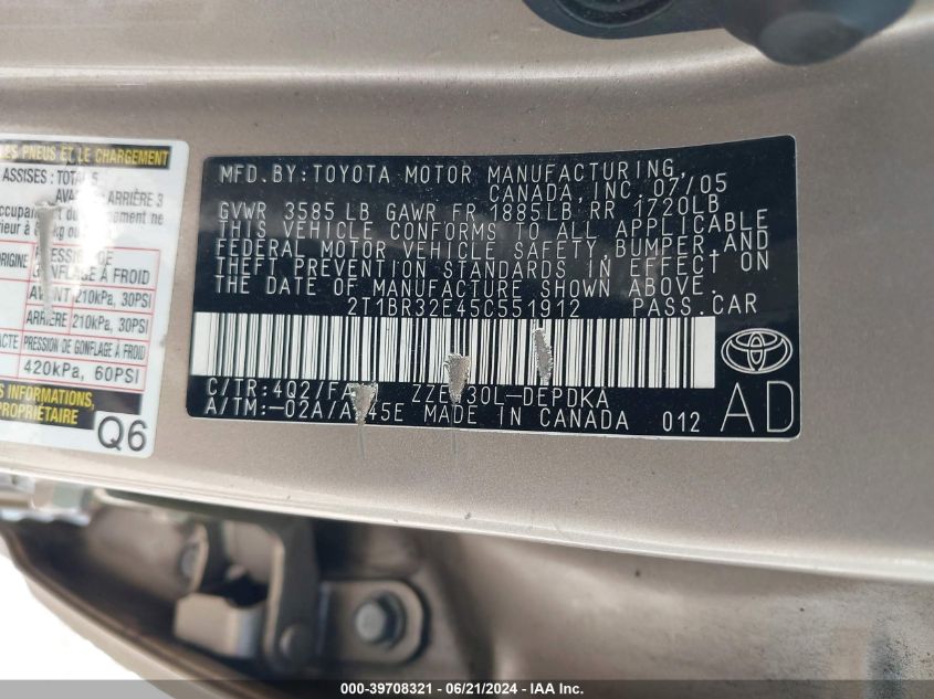 2005 Toyota Corolla Ce VIN: 2T1BR32E45C551912 Lot: 39708321