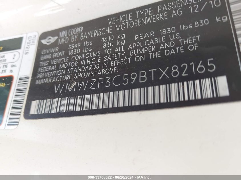 2011 Mini Cooper Clubman VIN: WMWZF3C59BTX82165 Lot: 39708322