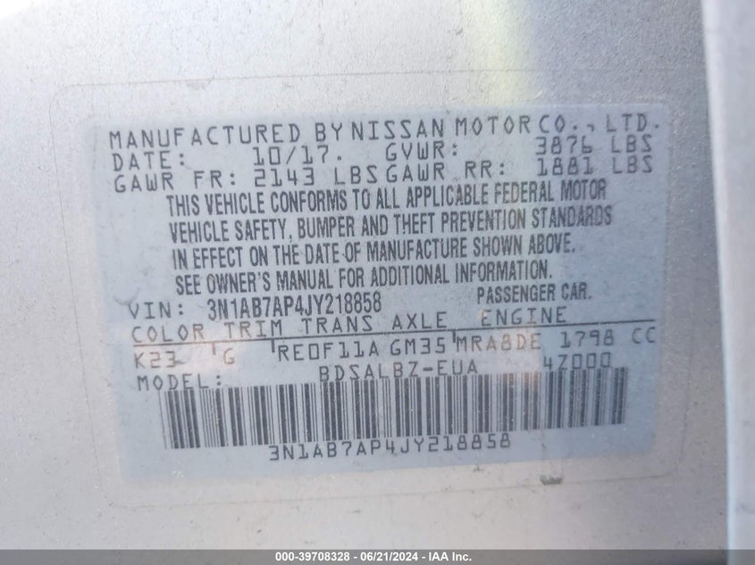 2018 Nissan Sentra S/Sv/Sr/Sl VIN: 3N1AB7AP4JY218858 Lot: 39708328