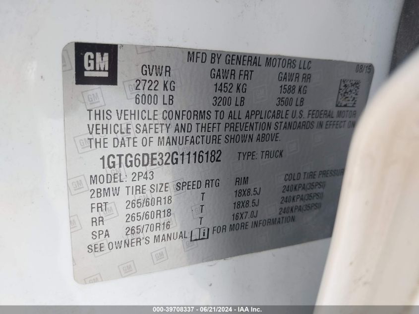 2016 GMC Canyon Slt VIN: 1GTG6DE32G1116182 Lot: 39708337