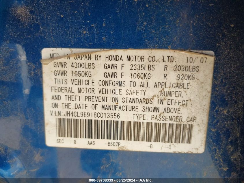 2008 Acura Tsx VIN: JH4CL96918C013556 Lot: 39708339