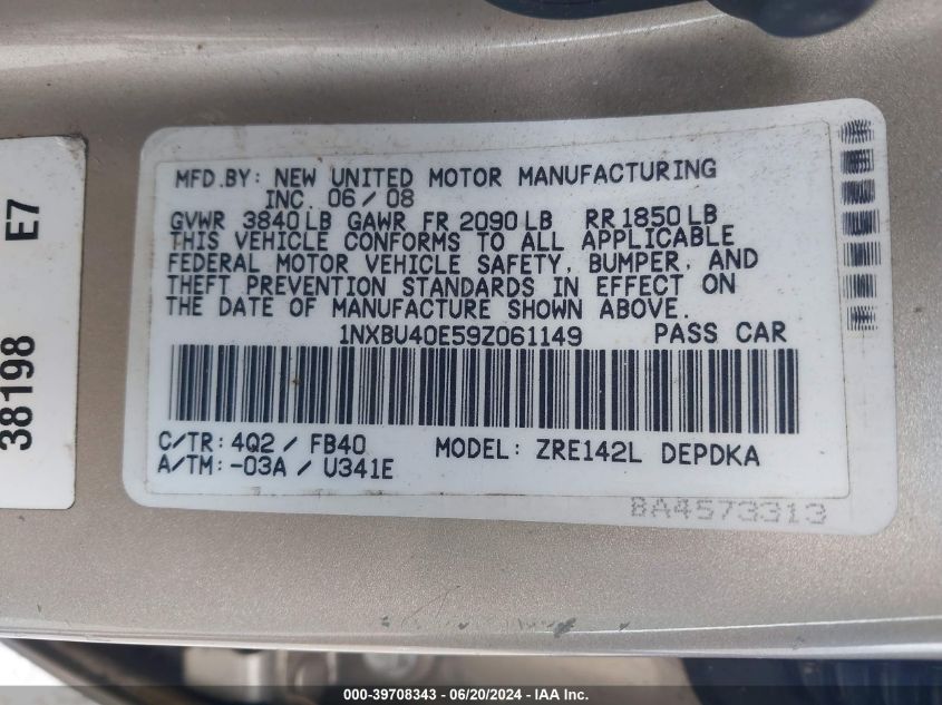 2009 Toyota Corolla Le VIN: 1NXBU40E59Z061149 Lot: 39708343