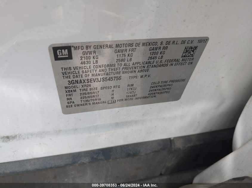 2018 Chevrolet Equinox Lt VIN: 3GNAXSEV3JS545756 Lot: 39708353