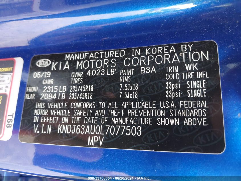 2020 Kia Soul Gt-Line VIN: KNDJ63AU0L7077503 Lot: 39708354