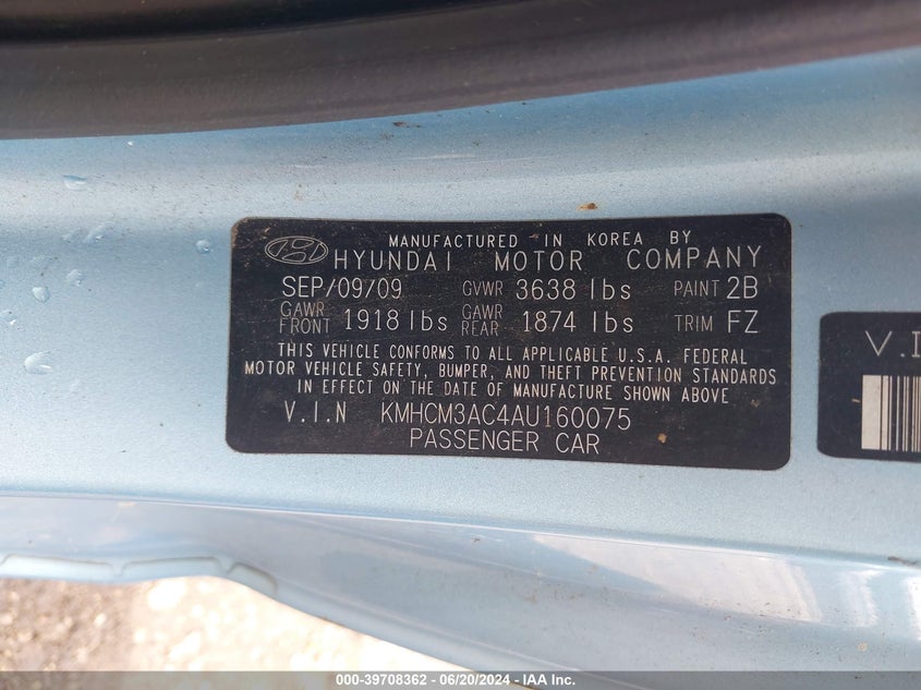 2010 Hyundai Accent Gs VIN: KMHCM3AC4AU160075 Lot: 39708362