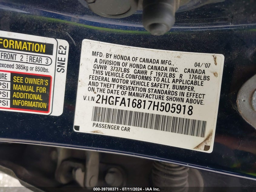 2007 Honda Civic Ex VIN: 2HGFA16817H505918 Lot: 39708371