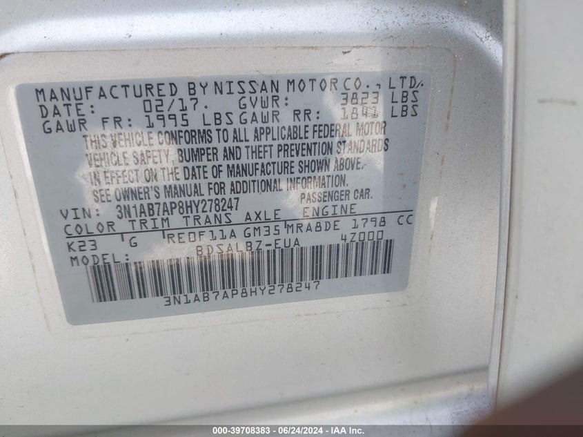 2017 Nissan Sentra S VIN: 3N1AB7AP8HY278247 Lot: 39708383