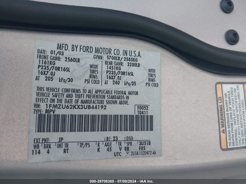 2003 Ford Explorer Xls VIN: 1FMZU62KX3UB44192 Lot: 39708385