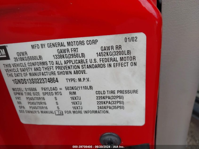 2002 Chevrolet Trailblazer Ls VIN: 1GNDS13S022374864 Lot: 39708405