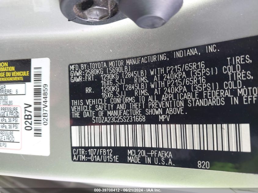 2005 Toyota Sienna Le VIN: 5TDZA23C25S231668 Lot: 39708412