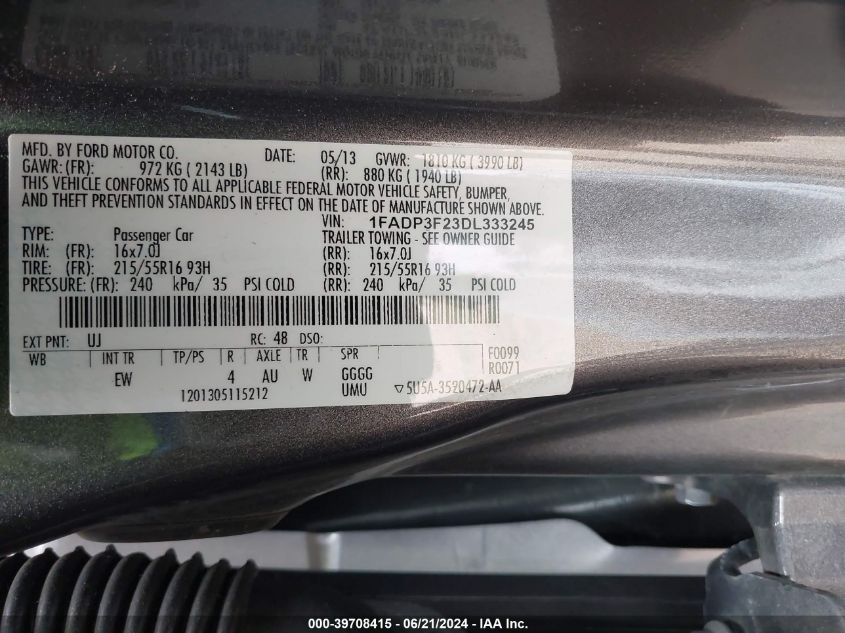 2013 FORD FOCUS SE - 1FADP3F23DL333245